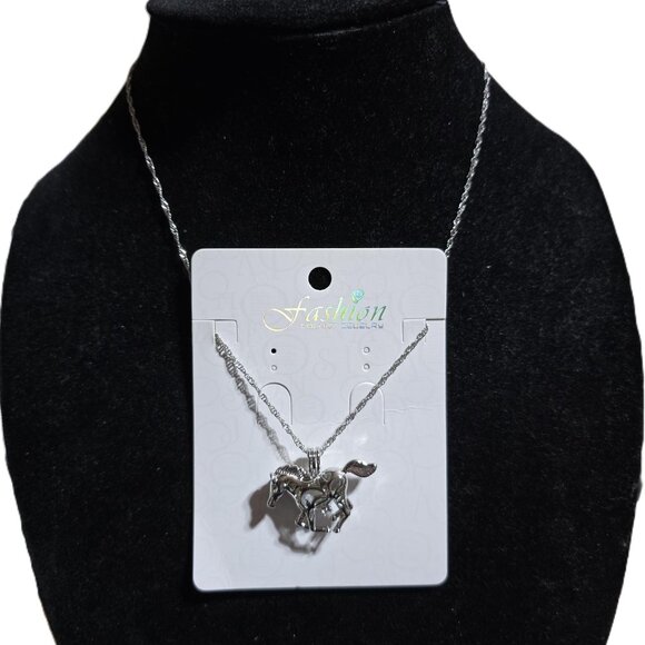 Horse Caged Pearl Pendant Necklace Silver Tone 18" - Picture 2 of 5